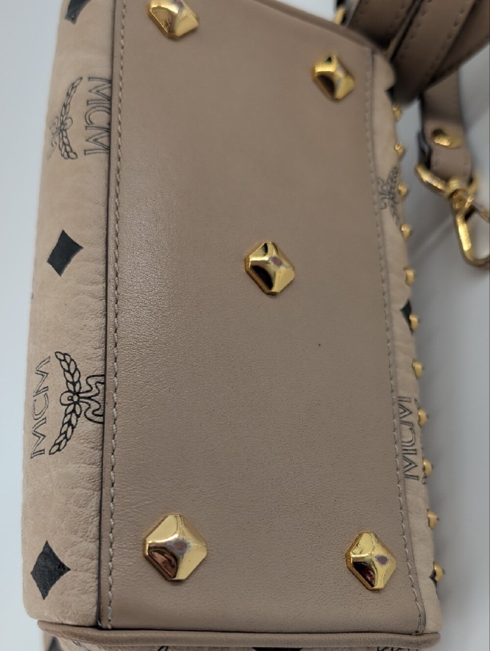 MCM Beige Visetos Top Handle Bag with Gold Hardware and Pink Crystal Studs - Picture 7 of 10